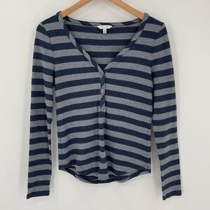 Lucky Brand Stripe Snap Thermal Henley Top Blue Grey Women Medium Long Sleeve